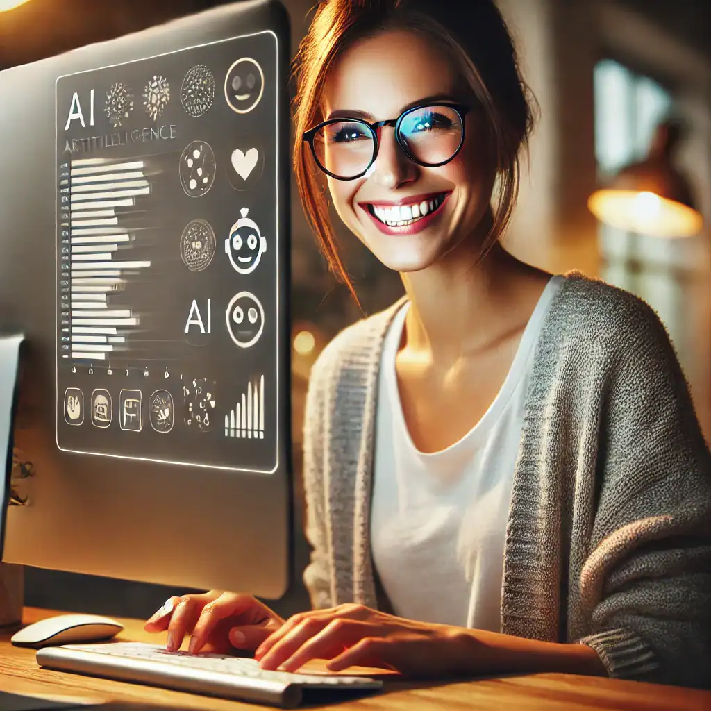 mujer feliz trabajando con IA