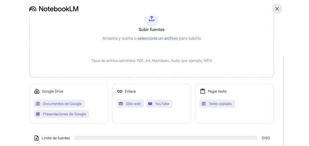 pantalla principal de notebookLM